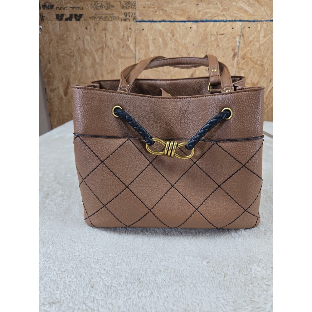 Grossi Tan Brown Quilted Pebbled‎ Faux Leather Tote Bag Gold Hardware Handbag